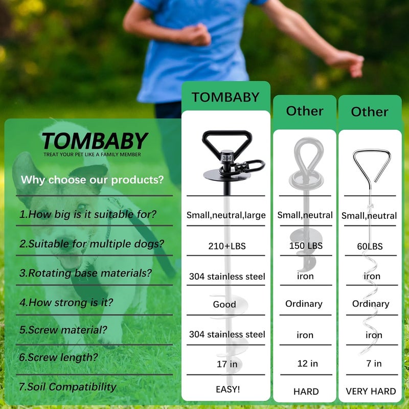 TOMBABY سلك ربط الكلاب مع وتد، بطول 30 قدم، سلك ثقيل، مرساة دوارة 360° ومضادة للتشابك، سلك للكلاب في الحديقة، يسمح للكلاب حتى 210 رطل، أوتاد للكلاب في الخارج، الشاطئ، التخييم، الحديقة - Image 3